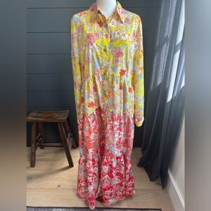 French Connection Yellow and Red Tiered Flowy Boho Floral Long Sleeve Maxi Dress